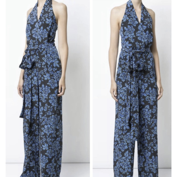 DVF Diane Von Furstenberg 100% Silk Black & Blue Halter Jumpsuit Women's Size 12 - Picture 16 of 16